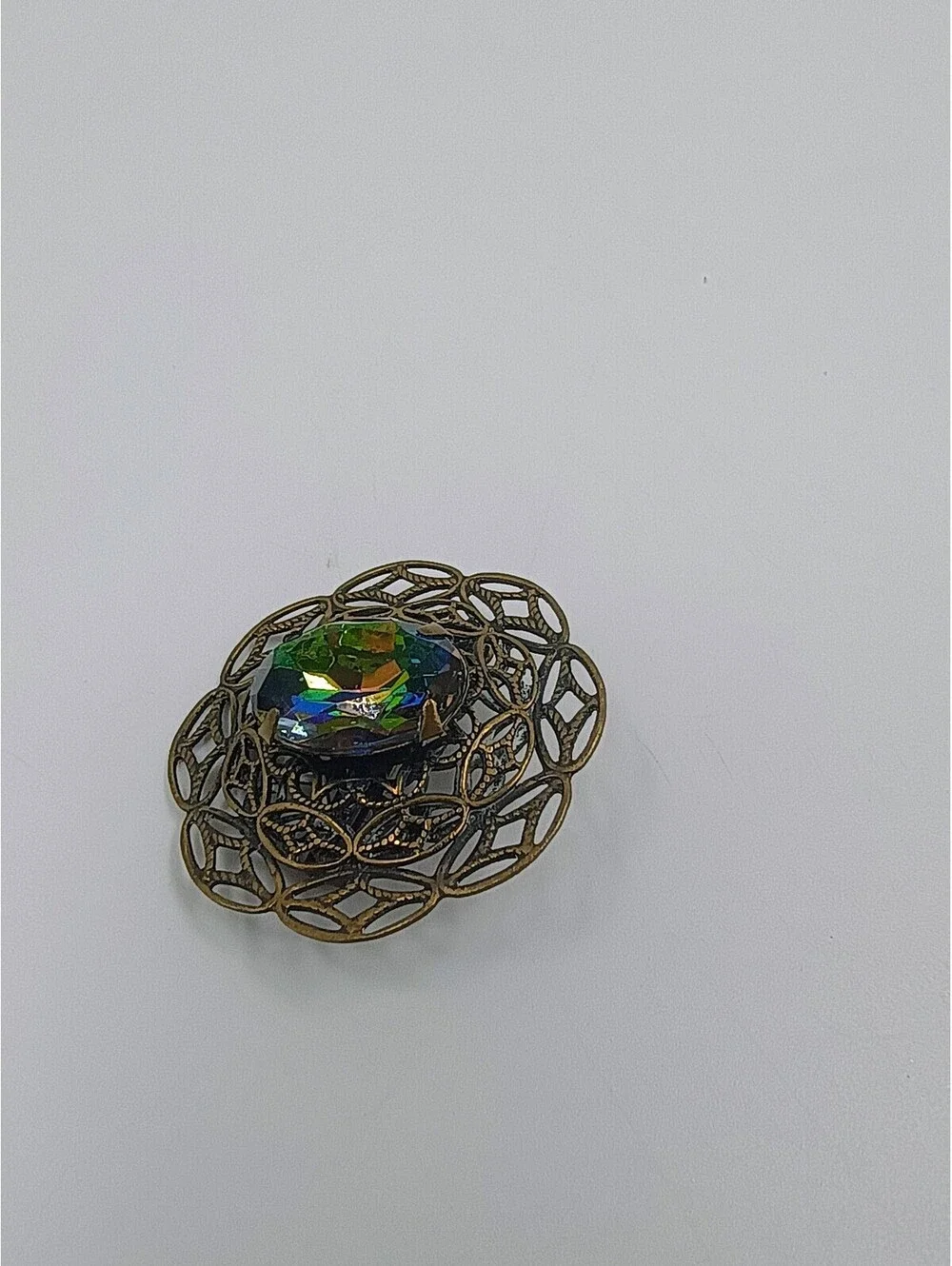 Vintage Brass Filigree Brooch with Multicolor Faceted Glass Stone